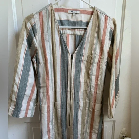 Madewell V-Neck Tie Waist Striped Jumper Size 0
White Blue Pink & Tan - Picture 4 of 9